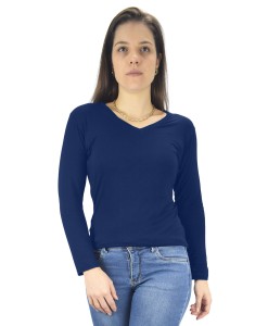 Blusa Feminina Longa Gola V Segunda Pele Básica Tshirt Azul Escuro